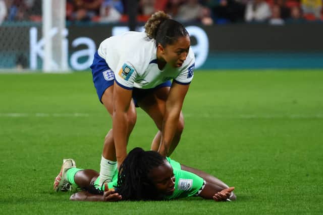 The England forward was sent off following a VAR review for stomping on Michelle Alozie’s back. (Getty Images)