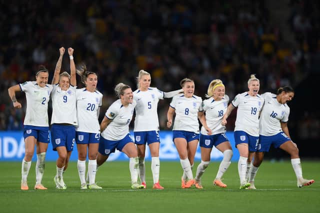 England players celebrate in the shoot out. Cr: Getty Images
