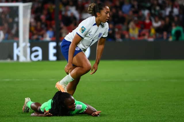 Lauren James is sent off for violent conduct after stamping on Michelle Alozie. Cr: Getty Images