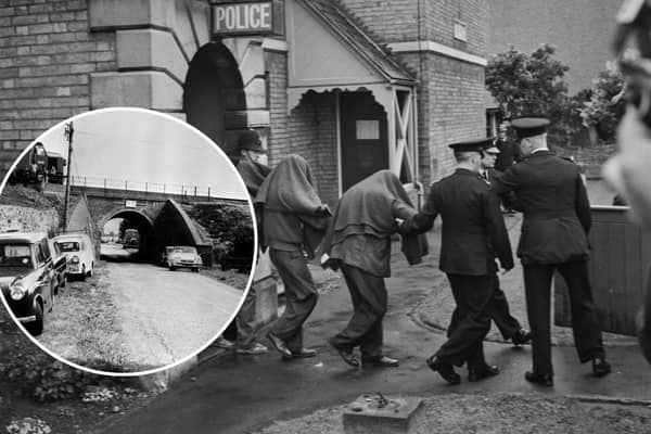 Men arrested in connection with the Great Train Robbery are brought out from Linslade Court in Bedfordshire, UK, 16th August 1963.
