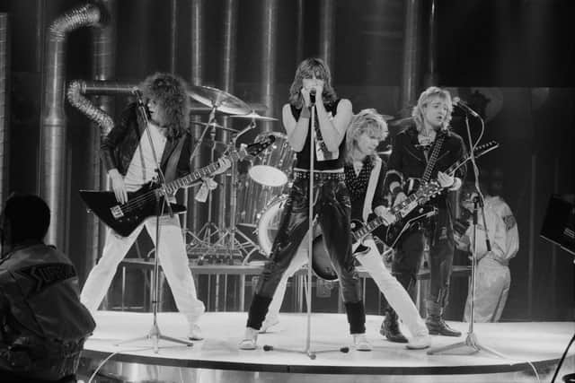 British rock band Def Leppard performing at the Channel 4 Christmas Show, UK, 12th December 1983
