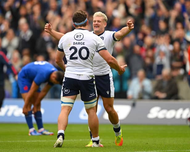 Darcy Graham and Rory Darge celebrate victory over France at Murrayfield
