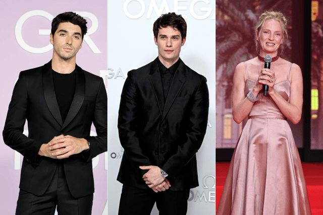 [L-R] Taylor Zakhar Perez, Nicholas Galitzine and Uma Thurman star in the screen adaptation of "Red, White and Royal Blue" (Credit: Getty Images)