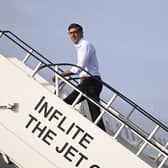 Rishi Sunak boards a plane at Stansted Airport as he departs for the Aukus meeting in San Diego in March 2023 (Photo: Leon Neal - WPA Pool/Getty Images)