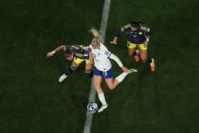 SYDNEY, AUSTRALIA - AUGUST 12: Alessia Russo of England and Ana Guzman of Colombia battle for the ball during the FIFA Women's World Cup Australia & New Zealand 2023 Quarter Final match between England and Colombia at Stadium Australia on August 12, 2023 in Sydney, Australia. (Photo by Cameron Spencer/Getty Images)