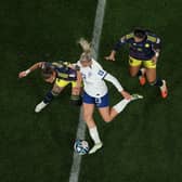 SYDNEY, AUSTRALIA - AUGUST 12: Alessia Russo of England and Ana Guzman of Colombia battle for the ball during the FIFA Women's World Cup Australia & New Zealand 2023 Quarter Final match between England and Colombia at Stadium Australia on August 12, 2023 in Sydney, Australia. (Photo by Cameron Spencer/Getty Images)