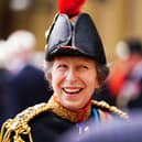 LONDON, ENGLAND - JUNE 15: Princess Anne, the Princess Royal, speaks with guests after the presentation of the new Sovereign's Standard to The Blues and Royals during a ceremony at Buckingham Palace on June 15, 2023 in London, England. The regiment will provide the Sovereign's Escort at Trooping The Colour on Saturday.  (Photo by Victoria Jones - Pool/Getty Images)