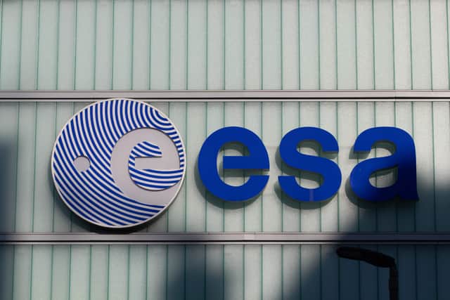 A picture taken on February 7, 2020, shows the logo of the European Space Agency (ESA) at its European Space Operations Centre (ESOC) in Darmstadt, western Germany. (Image: Photo by YANN SCHREIBER/AFP via Getty Images)