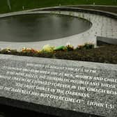 An inscription details the events of the 1998 bombing at  the Omagh Memorial Garden (Photo: Peter Macdiarmid/Getty Images)