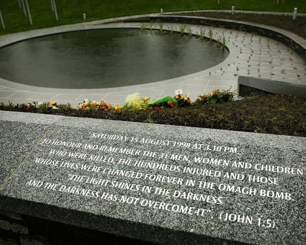 An inscription details the events of the 1998 bombing at  the Omagh Memorial Garden (Photo: Peter Macdiarmid/Getty Images)
