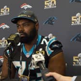 Tackle Michael Oher #73 of the Carolina Panther addresses the media prior to Super Bowl 50 at the San Jose Convention Center/ San Jose Marriott on February 2, 2016 in San Jose, California.  (Photo by Thearon W. Henderson/Getty Images)