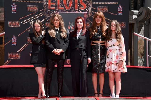 (L-R) Harper Vivienne Ann Lockwood, Lisa Marie Presley, Priscilla Presley, Riley Keough, and Finley Aaron Love Lockwood attend the Handprint Ceremony honoring Priscilla Presley, Lisa Marie Presley And Riley Keough at TCL Chinese Theatre on June 21, 2022 in Hollywood, California. (Photo by Jon Kopaloff/Getty Images)
