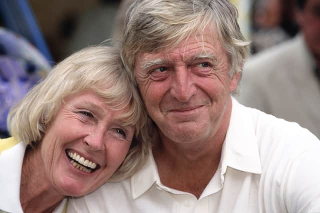 Chat show Television Host Michael Parkinson (r) with wife Mary at a celebrity cricket match at Brae on August 7th, 1994 in Maidenhead, United Kingdom. (Photo by Clive Mason/Allsport/Getty Images/Hulton Archive)