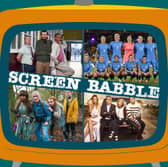 The orange Screen Babble television, featuring images from Bad Education, the World Cup, Schitt's Creek, and Henpocalypse!, as discussed on Screen Babble episode 39 (Credit: NationalWorld Graphics)