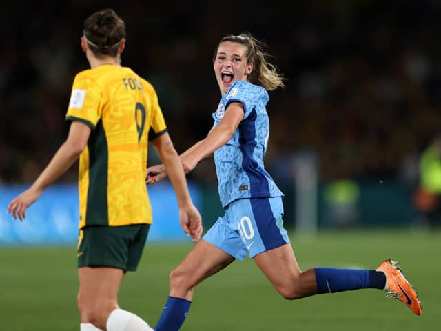 Ella Toone celebrates her opener in the semi final of the FIFA World Cup. Cr: Getty Images