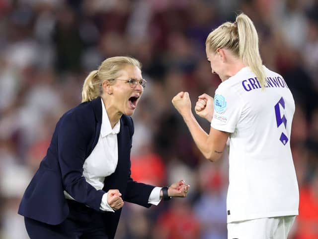 BRIGHTON, ENGLAND - JULY 20: Sarina Wiegman, Manager of England celebrates with Alex Greenwood following  the UEFA Women's Euro England 2022 Quarter Final match between England and Spain at Brighton & Hove Community Stadium on July 20, 2022 in Brighton, England. (Photo by Naomi Baker/Getty Images)