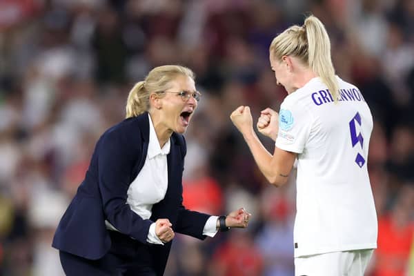 BRIGHTON, ENGLAND - JULY 20: Sarina Wiegman, Manager of England celebrates with Alex Greenwood following  the UEFA Women's Euro England 2022 Quarter Final match between England and Spain at Brighton & Hove Community Stadium on July 20, 2022 in Brighton, England. (Photo by Naomi Baker/Getty Images)