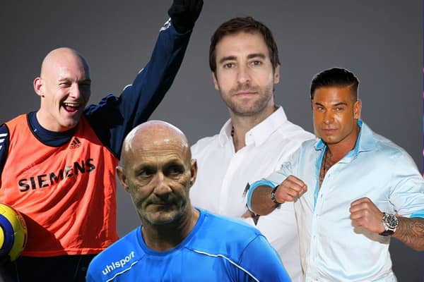 A composite image of Thomas Gravesen, Fabian Barthez, Mathieu Flamini, and Tim Weise. All four have taken on unexpected and unorthodox jobs in the aftermath of their retirement from professional football.