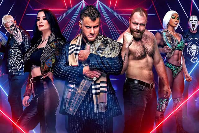 [L-R] Orange Cassidy, Darby Allin, Saraya, MFJ, Jon Moxley, Jade Cargill and Sting are just some of the wrestlers on the AEW roster (credit: TBS)