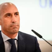 President of the Spanish Football Federation Luis Rubiales looks on during a press conference to announce Spain, Portugal and Ukraines bid for the 2030 World Cup at the UEFA headquarters in Nyon on October 5, 2022. (Photo by GABRIEL MONNET / AFP) (Photo by GABRIEL MONNET/AFP via Getty Images)