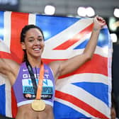 Katarina Johnson-Thompson celebrates her gold medal in Budapest