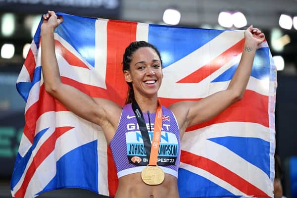 Katarina Johnson-Thompson celebrates her gold medal in Budapest