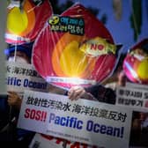 An activist in Seoul holds a placard that reads "SOS!! Pacific Ocean!" at a protest against the planned release of wastewater from Japan's stricken Fukushima nuclear plant into the Pacific (Photo by ANTHONY WALLACE/AFP via Getty Images)