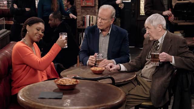 [L-R] Toks Olagundoye, Kelsey Grammer and Nicholas Lyndhurst in a recently released image from the upcoming "Frasier" reboot (Credit: Paramount)