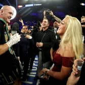 LAS VEGAS, NEVADA - FEBRUARY 22:  Tyson Fury sings "American Pie" to his wife Paris Fury and the fans following his win by TKO in the seventh round against Deontay Wilder in the Heavyweight bout for Wilder's WBC and Fury's lineal heavyweight title on February 22, 2020 at MGM Grand Garden Arena in Las Vegas, Nevada. (Photo by Al Bello/Getty Images)