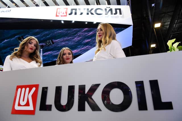 The stand of Russia's private oil company Lukoil at the Saint Petersburg International Economic Forum on May 24, 2018 in Saint Petersburg