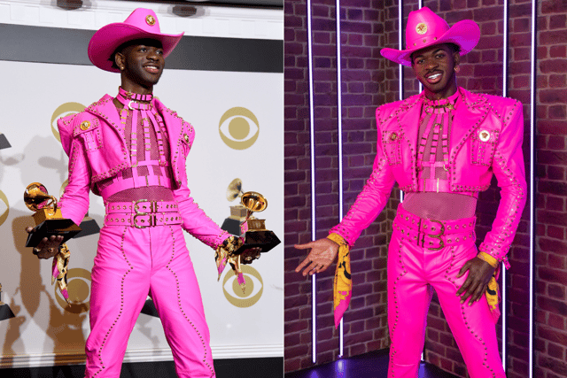 Lil Nas X's waxwork (R) is based on the outfit the musician wore at the 2020 Grammy Awards (credit: Getty Images/Merlin Entertainment)