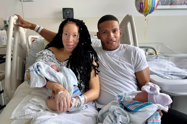 José Ervin, aged 31, partner Scierra Blair, age 32, and their two newborn twins now all have the same birthday. Photo by Cleveland Clinic Hillcrest Hospital/SWNS.