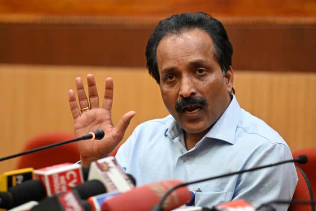 Indian Space Research Organisation (ISRO) chief S. Somanath addresses a press conference after the launch of spacecraft Chandrayaan-3 from the Satish Dhawan Space Centre in Sriharikota, in India's southern state of Andhra Pradesh on July 14, 2023 (Image: R.SATISH BABU/AFP via Getty Images)