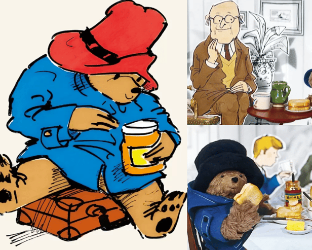 Three of the ten stamps that comprise the Royal Mail's collection that celebrates Paddington Bear's 65th anniversary (Credit: Royal Mail)