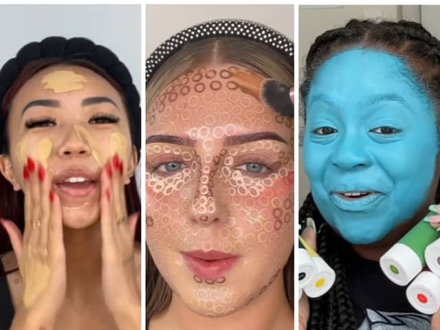 TikTok has inspired some unusual beauty trends, including straw contouring and blue foundation. Photos by TikTok.
