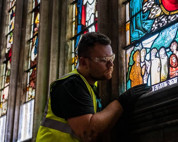 New stained glass windows are installed that have replaced a set that honoured the slave trader Edward Colston.
