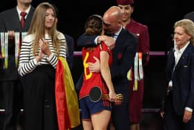 Luis Rubiales with Aitana Bonmati of Spain at the World Cup