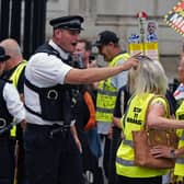 Protesters gather outside Downing Street in central London, on the first day of the expansion of the ULEZ to include the whole of London (Photo: Aaron Chown/PA Wire)