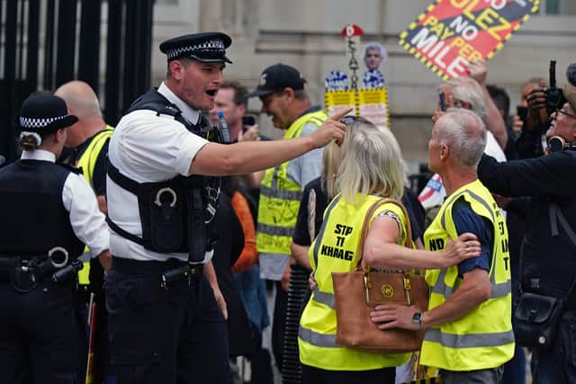 Protesters gather outside Downing Street in central London, on the first day of the expansion of the ULEZ to include the whole of London (Photo: Aaron Chown/PA Wire)