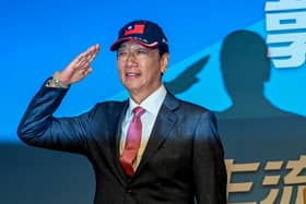 Former Foxconn Founder Terry Gou salutes during a press conference in Taipei on August 28, 2023. Gou announced that he will run for president of Taiwan as an independent candidate. (Photo by Sam Yeh / AFP) (Photo by SAM YEH/AFP via Getty Images)