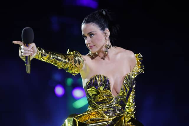 US artist Katy Perry performs inside Windsor Castle grounds at the Coronation Concert, in Windsor, west of London on May 7, 2023. (Credit: JACKSON/POOL/AFP via Getty Images)