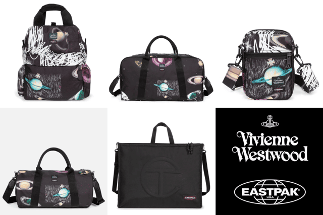 The new collection of Vivienne Westwood X Eastpak includes (Clockwise from top right): both a Jessica style and padded backpack, a tote bag, a clutch bag, a stylish satchel and a duffel bag (Credit: Vivienne Westwood X Eastpak)
