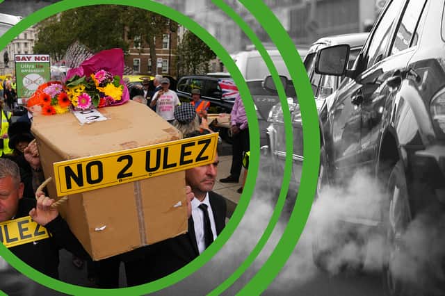 Protesters against the ULEZ, which will charge the most emitting vehicles to drive in London. Credit: Kim Mogg/Getty/Adobe