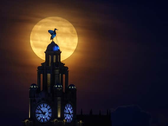 A blue supermoon rises behind the Royal Liver Building. Image: Christopher Furlong/Getty Images