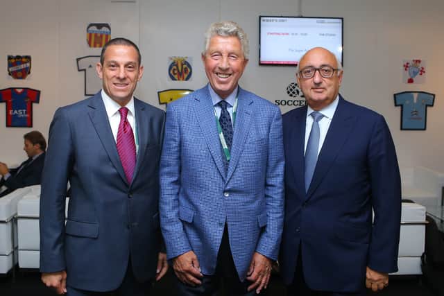 L-R, Executive VP of Wasserman Media Group Richard Motzkin, Football Agent Dennis Roach, and Jonathan Barnett owner of the Stellar Group during day four of the Soccerex Global Convention at Manchester Central on September 8, 2015 in Manchester, England. (Photo by Dave Thompson/Getty Images)