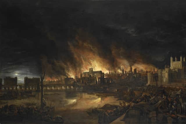 The Great Fire as seen from a boat in vicinity of Tower Wharf. L-R: Old London Bridge (plus various houses, drawbridge and wooden parapet); St Dunstan-in-the-West and St Bride's; All Hallow's the Great, Old St Paul's, St Magnus the Martyr, St Lawrence Pountney, St Mary-le-Bow, St Dunstan-in-the East and Tower of London.