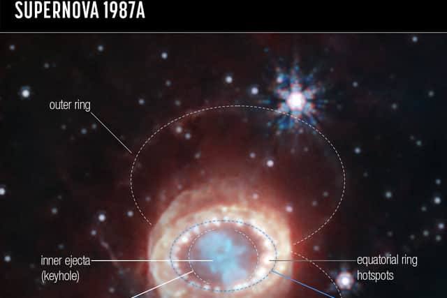 Webb’s NIRCam (Near-Infrared Camera) captured this detailed image of SN 1987A (Supernova 1987A), which has been annotated to highlight key structures. (Image: NASA, ESA, CSA, M. Matsuura (Cardiff University), R. Arendt (NASA’s Goddard Spaceflight Center & University of Maryland, Baltimore County), C. Fransson (Stockholm University), and J. Larsson (KTH Royal Institute of Technology). Image Processing: A. Pagan) 