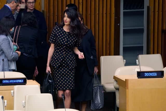 Amal Clooney of the Clooney Foundation for Justice attends the United Nations 'Arria-formula' meeting, an informal gathering of Security Council members, on April 27, 2022, in New york to discuss how the UN can support and coordinate accountability efforts for serious crimes in Ukraine. (Photo by TIMOTHY A. CLARY / AFP) (Photo by TIMOTHY A. CLARY/AFP via Getty Images)