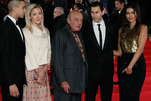 Mohamed Al Fayed with his children Omar and Karim at the Royal Film Performance of “Spectre” at Royal Albert Hall in 2015 (Photo: John Phillips/Getty Images)