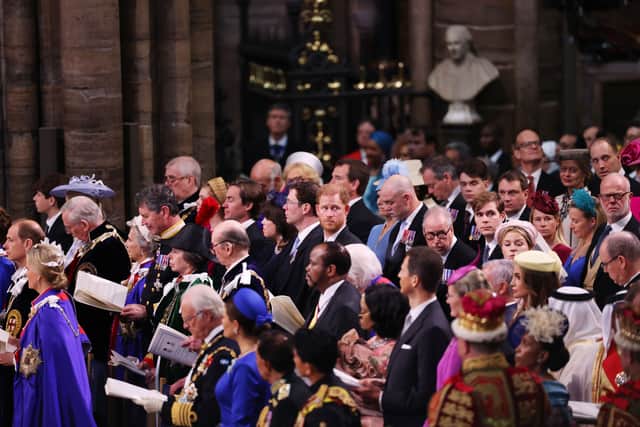 Prince Harry, Duke of Sussex cut an isolated figure during the coronation ceremony in Westminster Abbey, on May 6, 2023 in London, England. T(Photo by Andrew Matthews - WPA Pool/Getty Images)